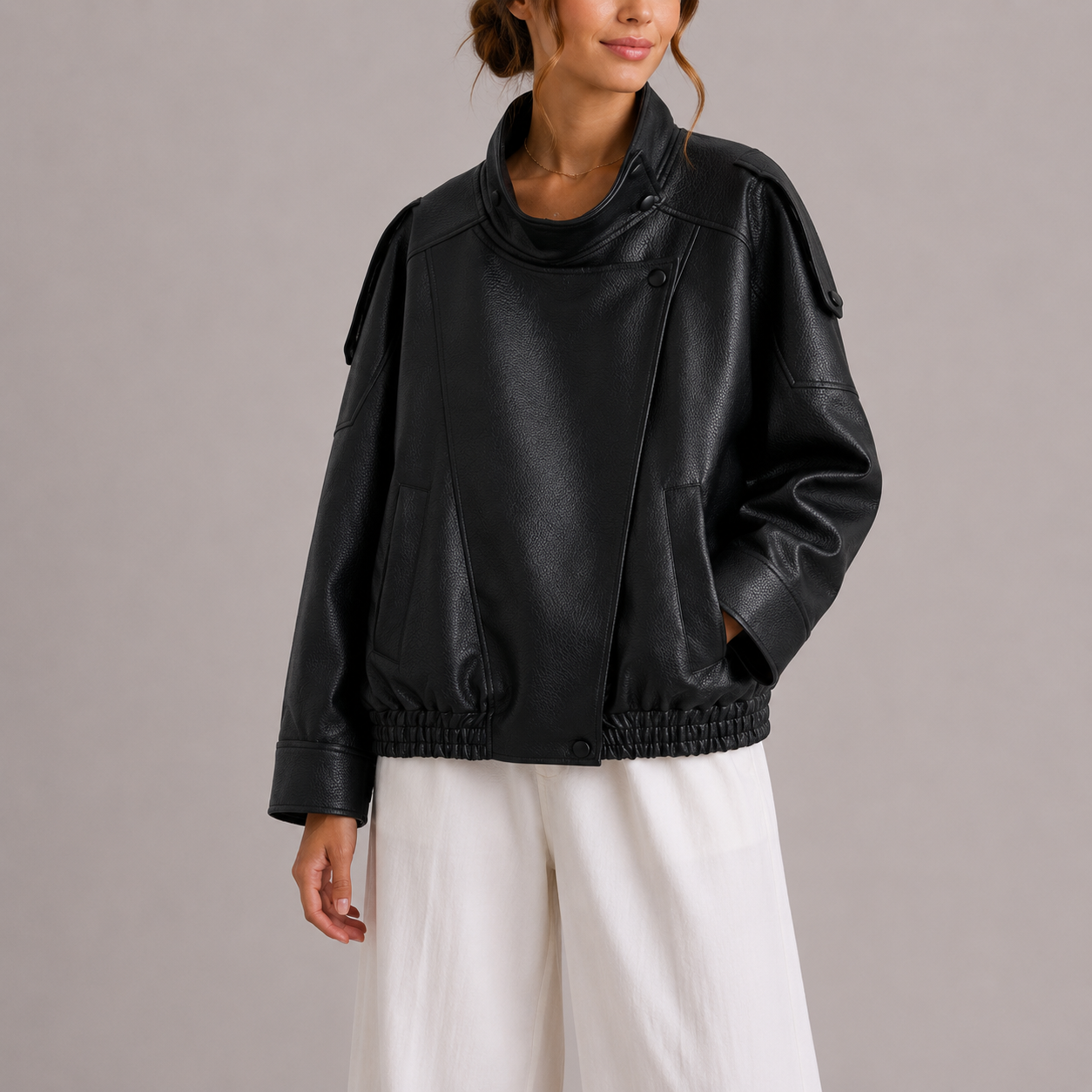 Haven Women's Bomber Jacket featuring a stylish faux leather design, high collar, and oversized fit, perfect for trendy fall and winter outfits. 2