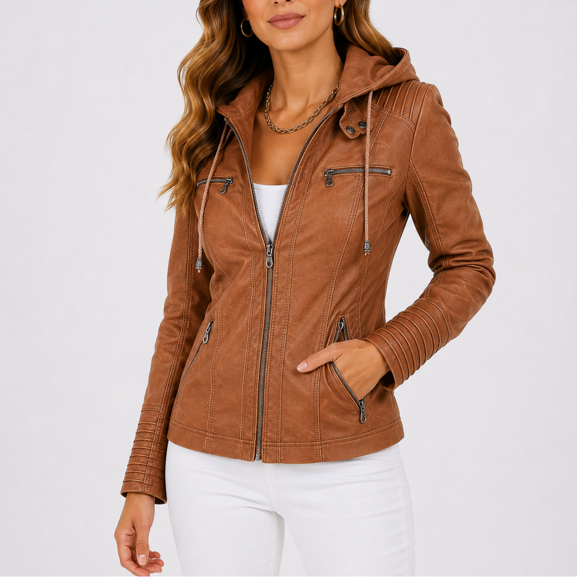 Haven Women's Hooded Jacket made from faux leather featuring stylish zip pockets, perfect for chic and functional outerwear. 0