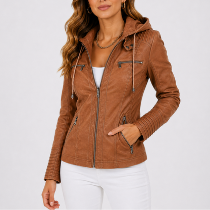 Haven Women's Hooded Jacket made from faux leather featuring stylish zip pockets, perfect for chic and functional outerwear. 0