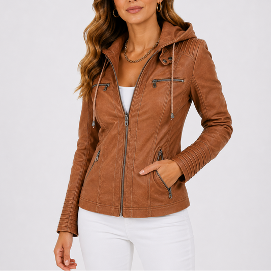 Haven Women's Hooded Jacket made from faux leather featuring stylish zip pockets, perfect for chic and functional outerwear. 0