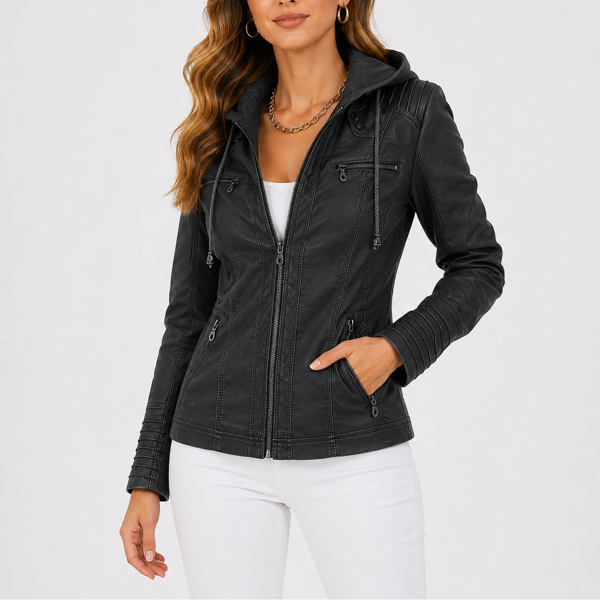 Haven Women's Hooded Jacket made from faux leather featuring stylish zip pockets, perfect for chic and functional outerwear. 1