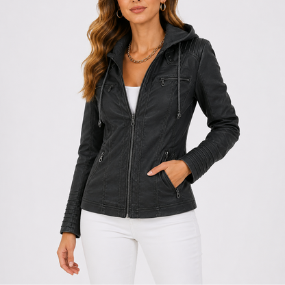 Haven Women's Hooded Jacket made from faux leather featuring stylish zip pockets, perfect for chic and functional outerwear. 1