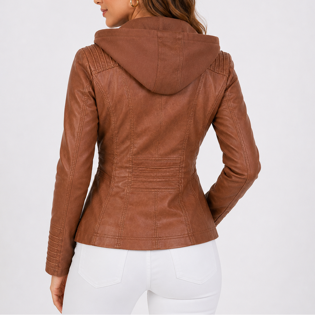 Haven Women's Hooded Jacket made from faux leather featuring stylish zip pockets, perfect for chic and functional outerwear. 2
