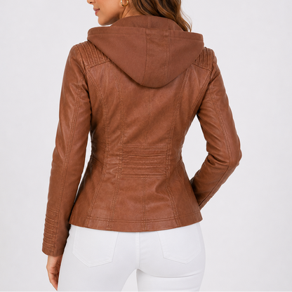Haven Women's Hooded Jacket made from faux leather featuring stylish zip pockets, perfect for chic and functional outerwear. 2
