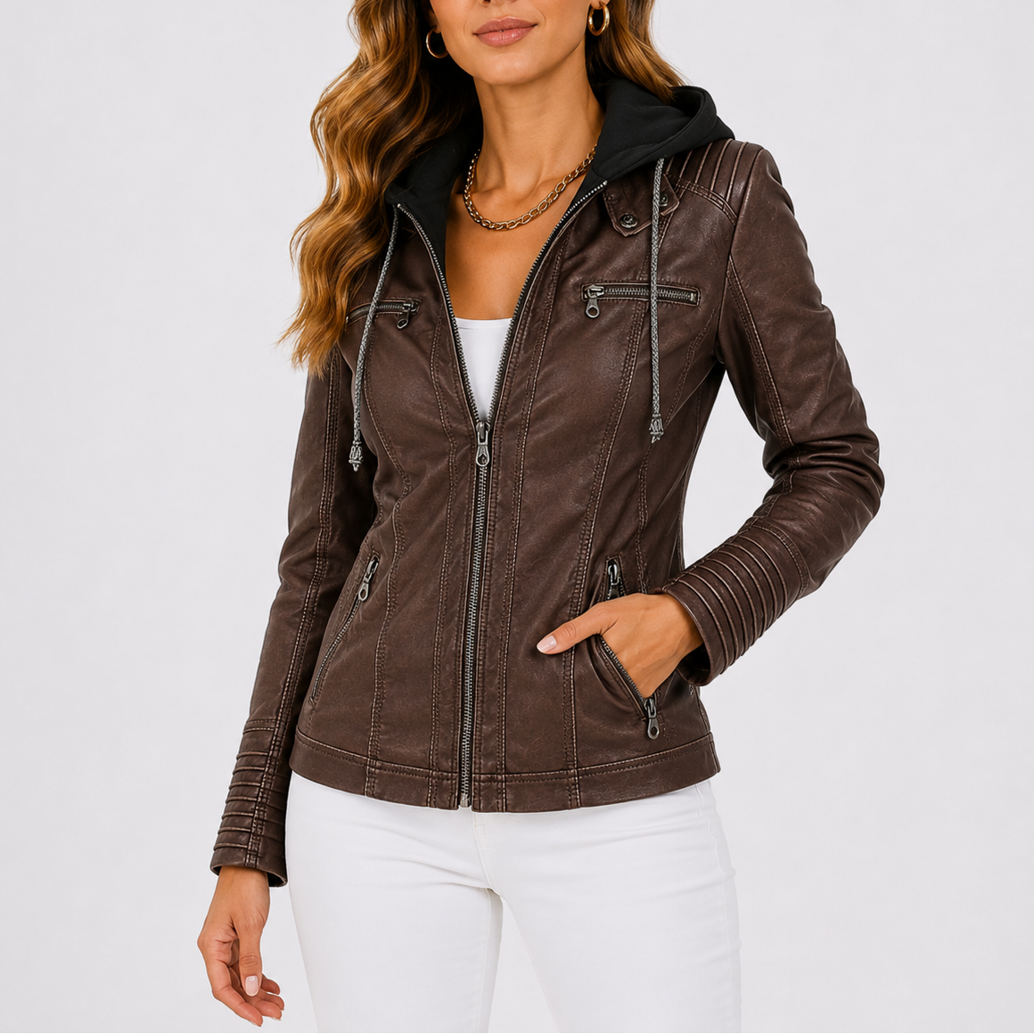Haven Women's Hooded Jacket made from faux leather featuring stylish zip pockets, perfect for chic and functional outerwear. 3