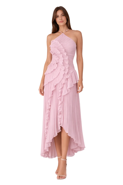 Imara Women’s Maxi Dress featuring a stylish halter neck design and elegant layered ruffle panels, perfect for summer outings and special occasions. 0