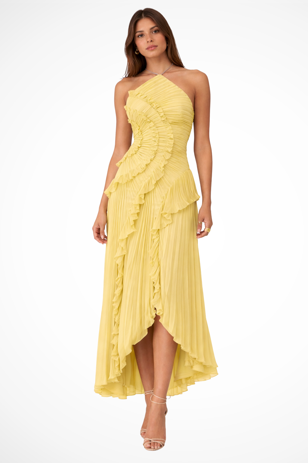 Imara Women’s Maxi Dress featuring a stylish halter neck design and elegant layered ruffle panels, perfect for summer outings and special occasions. 1