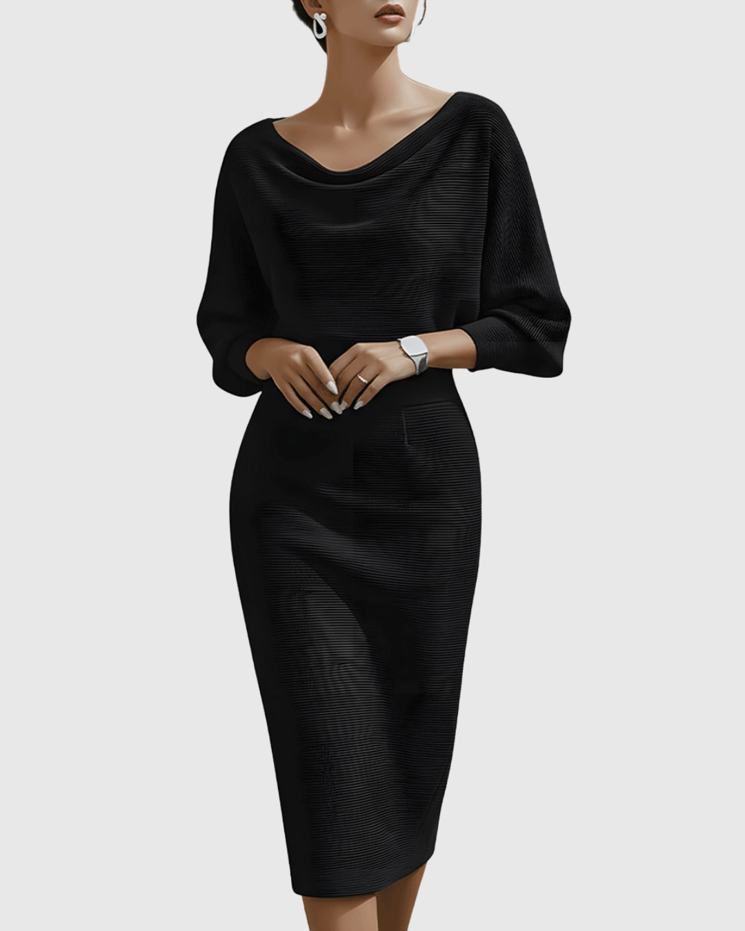 Isla Women’s Cocktail Dress featuring elegant draped batwing sleeves and a fitted waistline, perfect for formal events and parties. 0