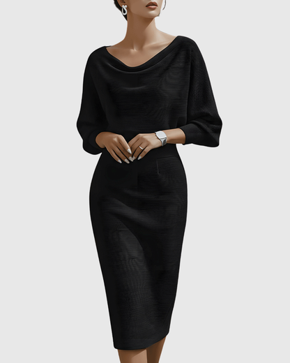 Isla Women’s Cocktail Dress featuring elegant draped batwing sleeves and a fitted waistline, perfect for formal events and parties. 0