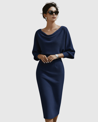 Isla Women’s Cocktail Dress featuring elegant draped batwing sleeves and a fitted waistline, perfect for formal events and parties. 1
