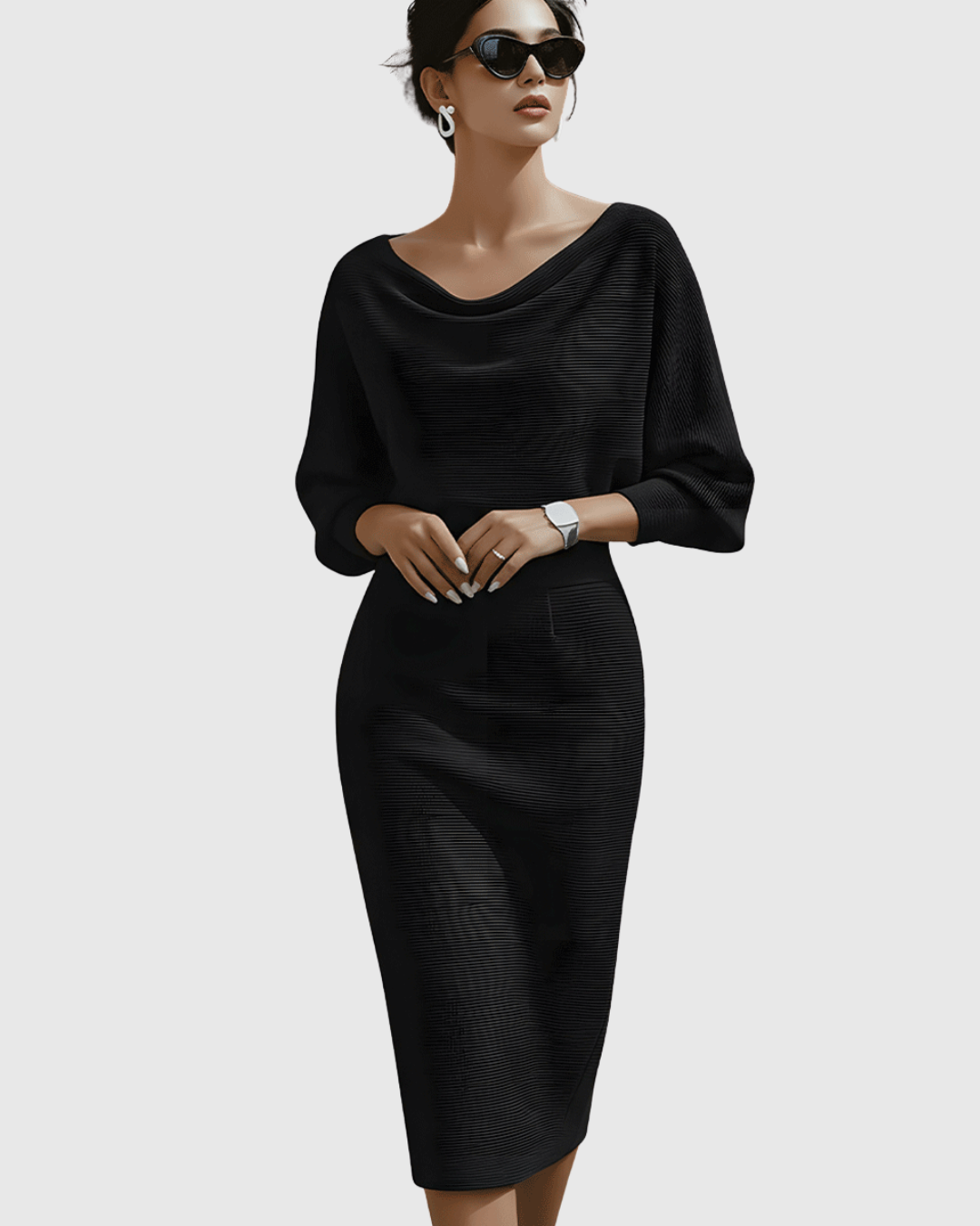 Isla Women’s Cocktail Dress featuring elegant draped batwing sleeves and a fitted waistline, perfect for formal events and parties. 2