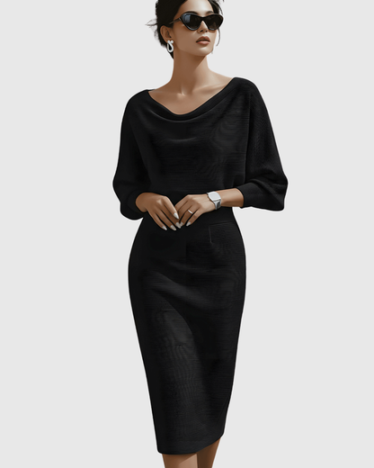 Isla Women’s Cocktail Dress featuring elegant draped batwing sleeves and a fitted waistline, perfect for formal events and parties. 2