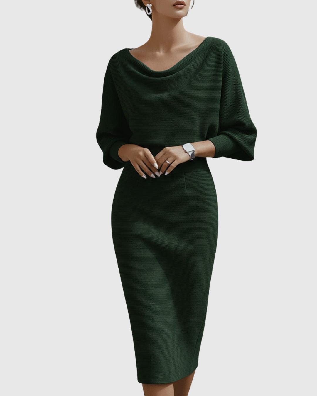 Isla Women’s Cocktail Dress featuring elegant draped batwing sleeves and a fitted waistline, perfect for formal events and parties. 3