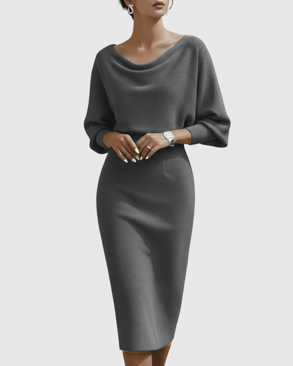 Isla Women’s Cocktail Dress featuring elegant draped batwing sleeves and a fitted waistline, perfect for formal events and parties. 4