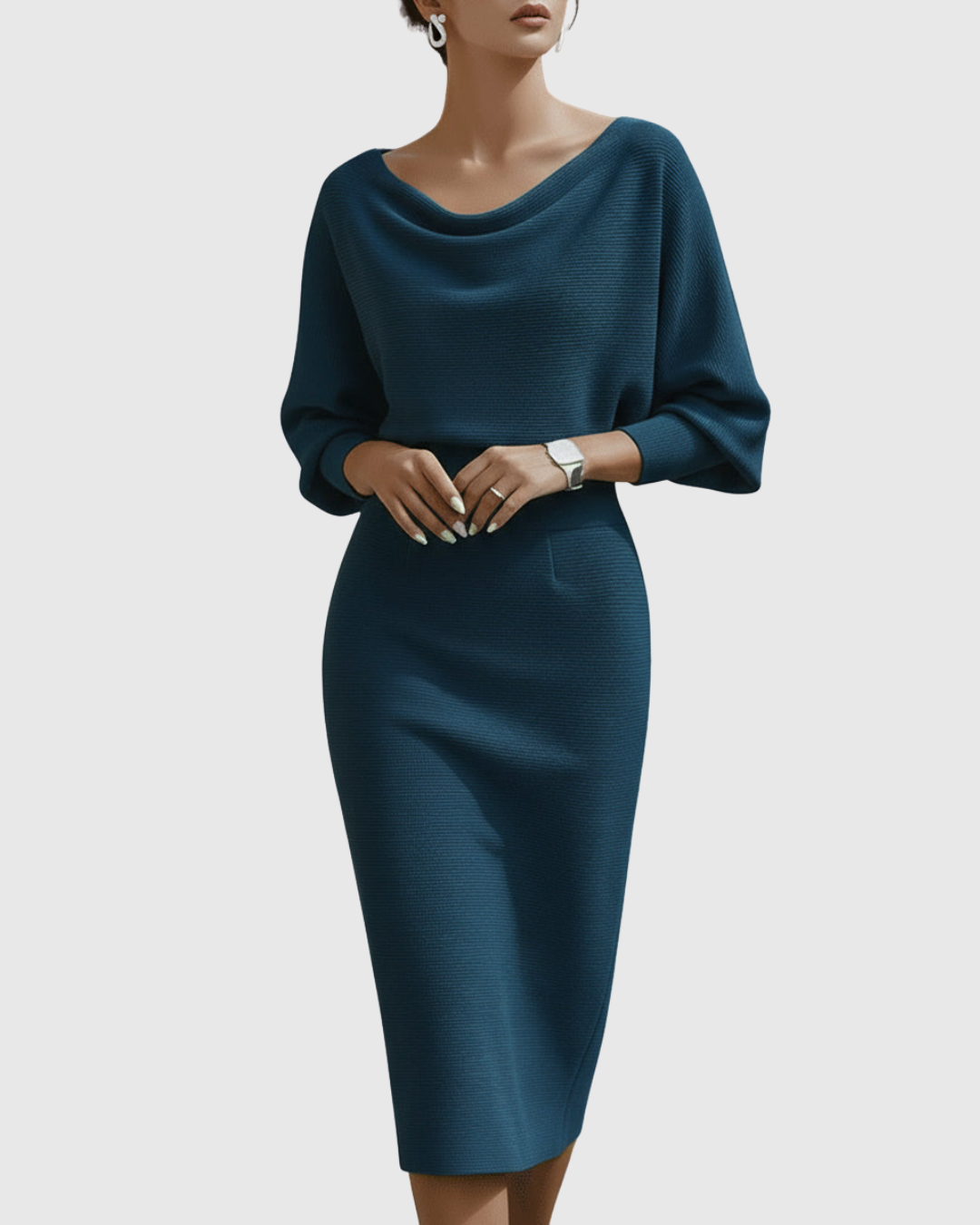 Isla Women’s Cocktail Dress featuring elegant draped batwing sleeves and a fitted waistline, perfect for formal events and parties. 5