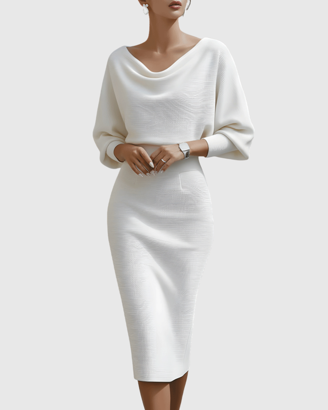 Isla Women’s Cocktail Dress featuring elegant draped batwing sleeves and a fitted waistline, perfect for formal events and parties. 6