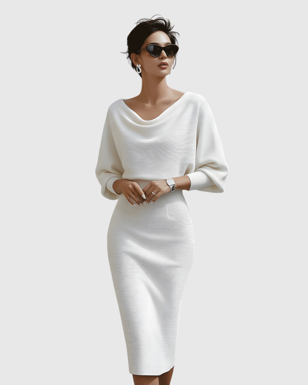 Isla Women’s Cocktail Dress featuring elegant draped batwing sleeves and a fitted waistline, perfect for formal events and parties. 7