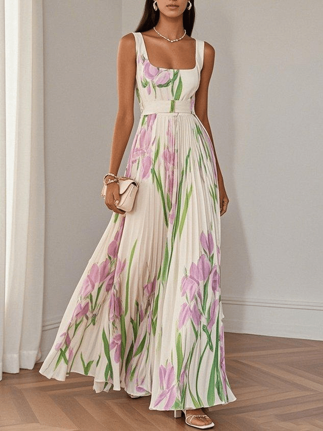 Ivana Women's Maxi Dress featuring a stylish pleated design and elegant square neckline, perfect for summer outings and special occasions. 0