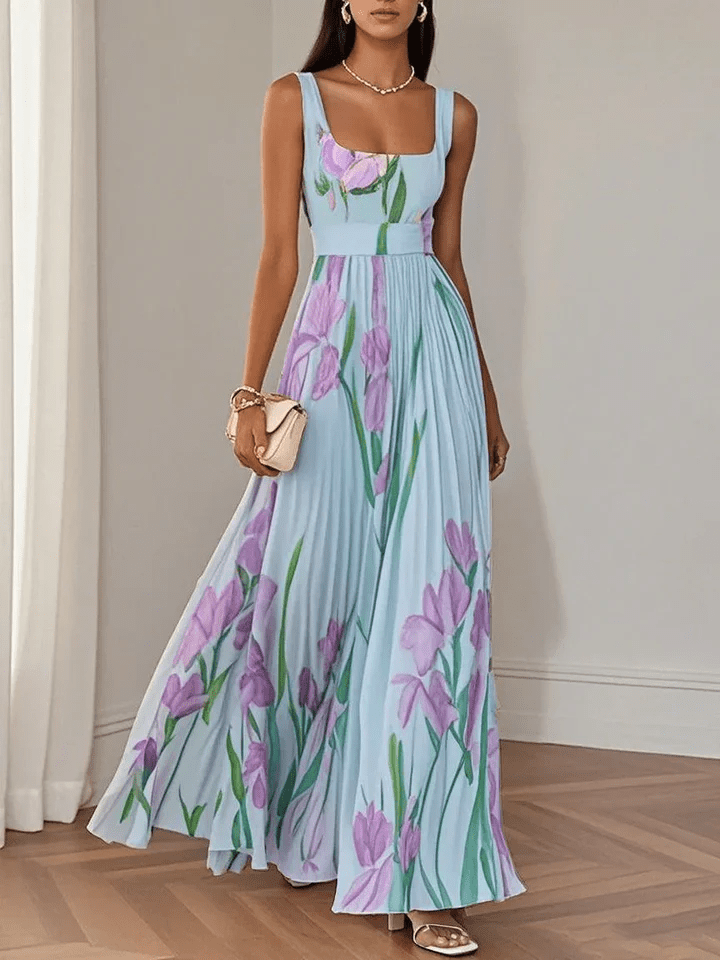 Ivana Women's Maxi Dress featuring a stylish pleated design and elegant square neckline, perfect for summer outings and special occasions. 4