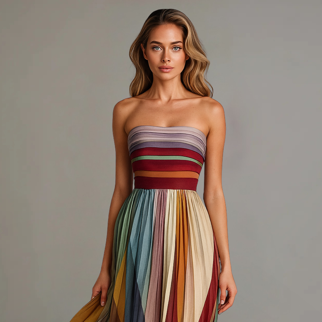 Jade women’s formal dress featuring a strapless design and elegant pleated skirt, perfect for special occasions and events. 1