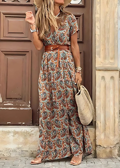 Jade women's maxi dress featuring a gathered waist and a matching belt, perfect for summer outings and casual elegance. 4