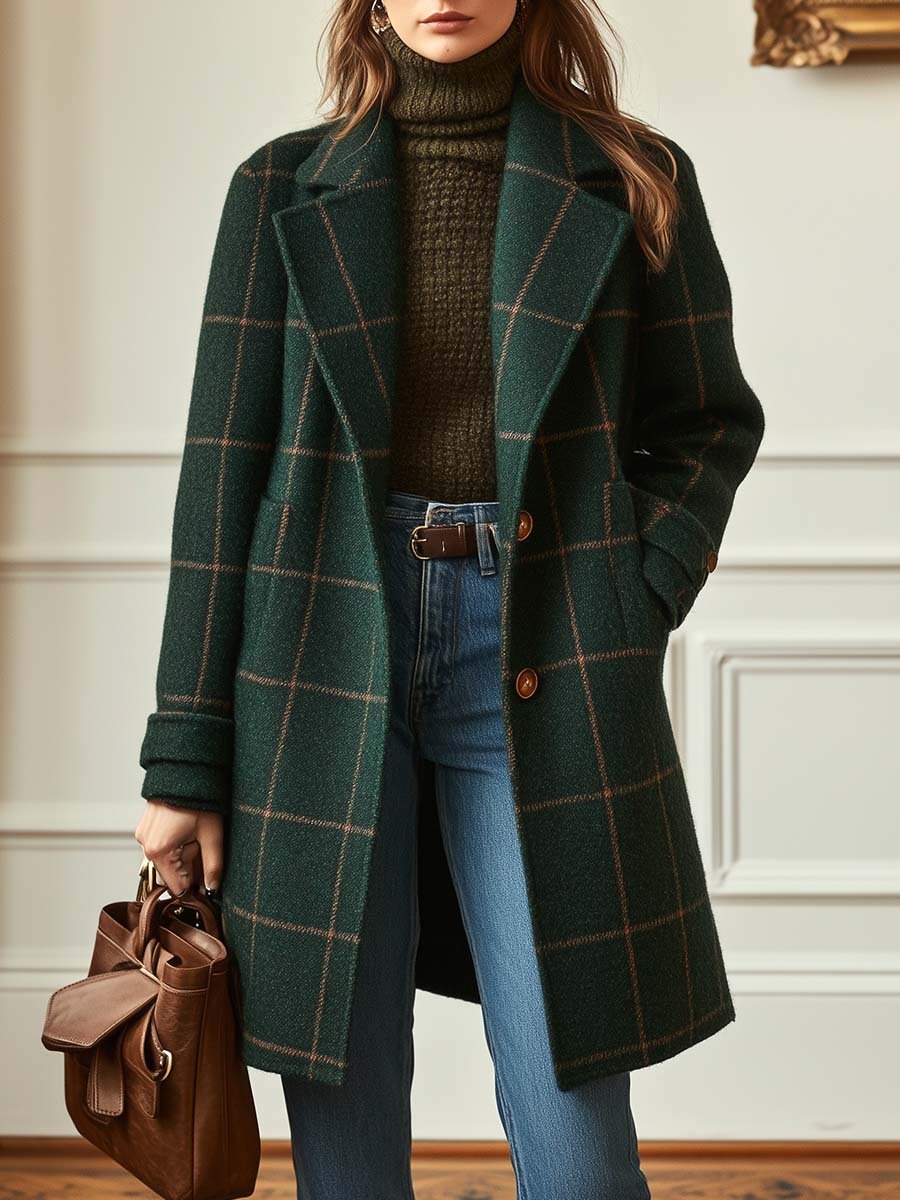 Jade women’s wool coat featuring a stylish check pattern and elegant lapel collar, perfect for adding a chic layer to any outfit. 0