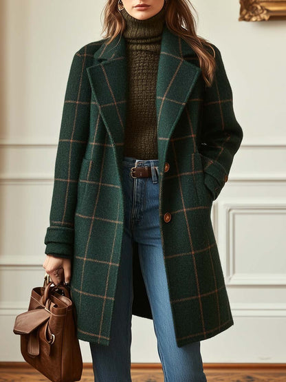 Jade women’s wool coat featuring a stylish check pattern and elegant lapel collar, perfect for adding a chic layer to any outfit. 0
