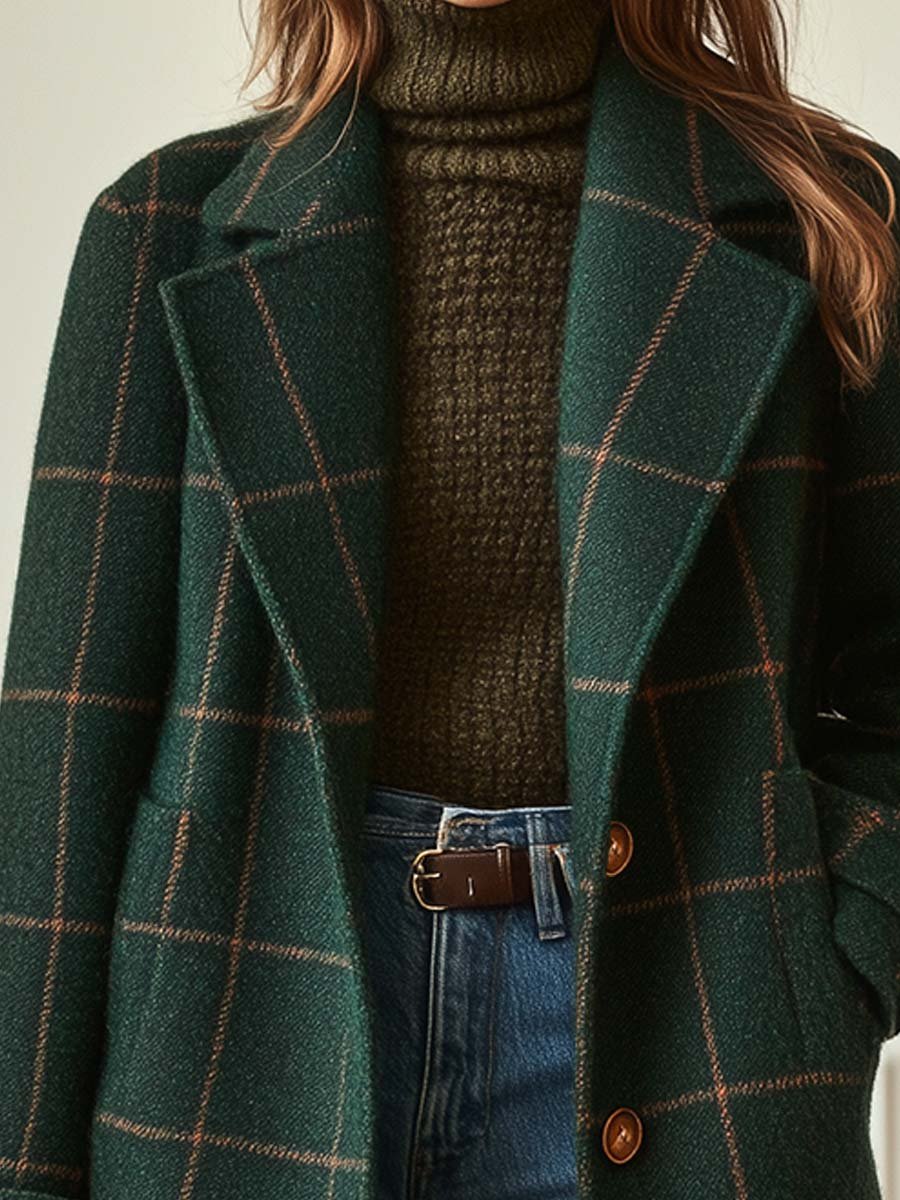 Jade women’s wool coat featuring a stylish check pattern and elegant lapel collar, perfect for adding a chic layer to any outfit. 1