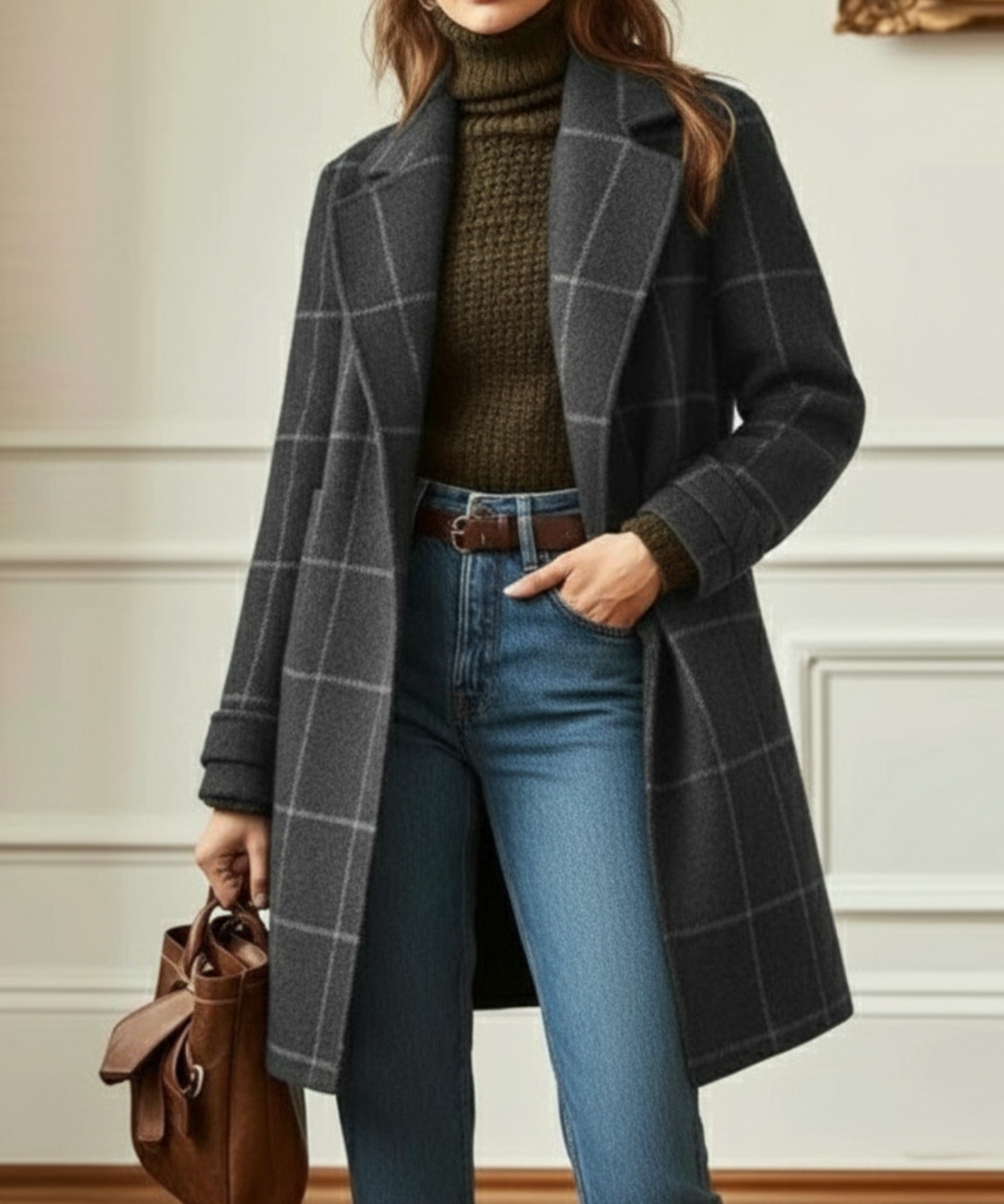 Jade women’s wool coat featuring a stylish check pattern and elegant lapel collar, perfect for adding a chic layer to any outfit. 2