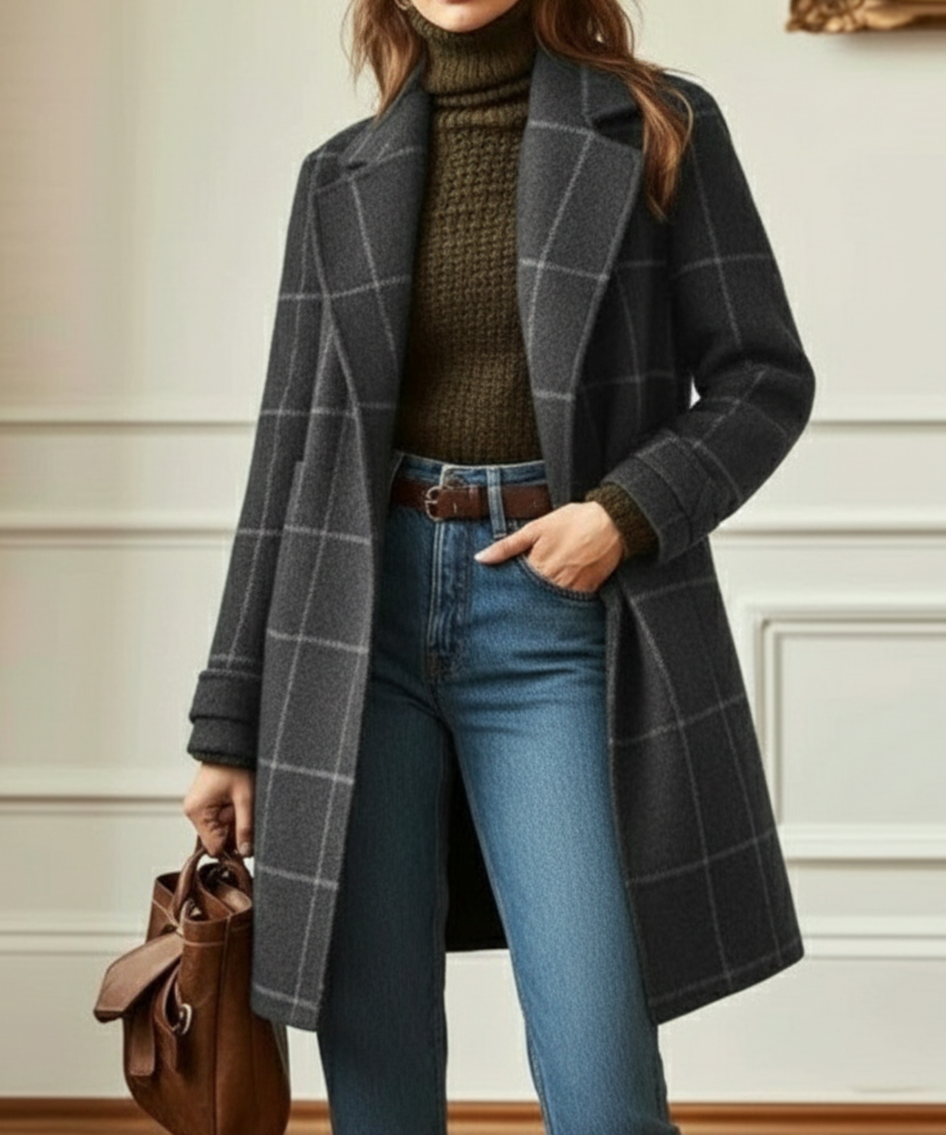 Jade women’s wool coat featuring a stylish check pattern and elegant lapel collar, perfect for adding a chic layer to any outfit. 2