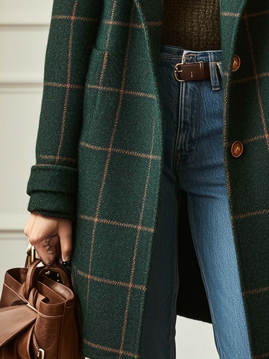 Jade women’s wool coat featuring a stylish check pattern and elegant lapel collar, perfect for adding a chic layer to any outfit. 3