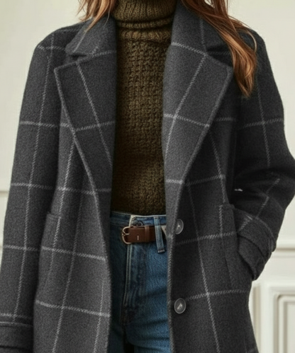 Jade women’s wool coat featuring a stylish check pattern and elegant lapel collar, perfect for adding a chic layer to any outfit. 4