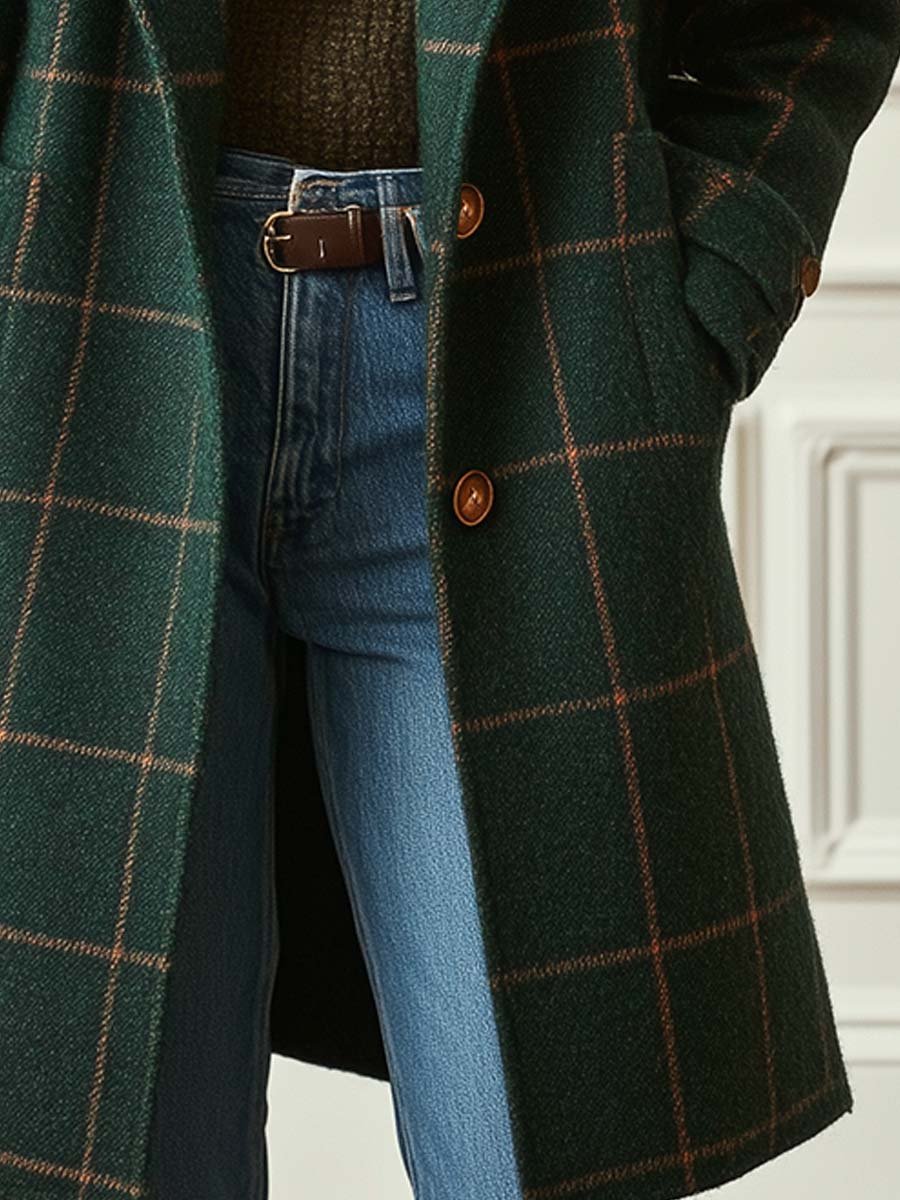Jade women’s wool coat featuring a stylish check pattern and elegant lapel collar, perfect for adding a chic layer to any outfit. 5