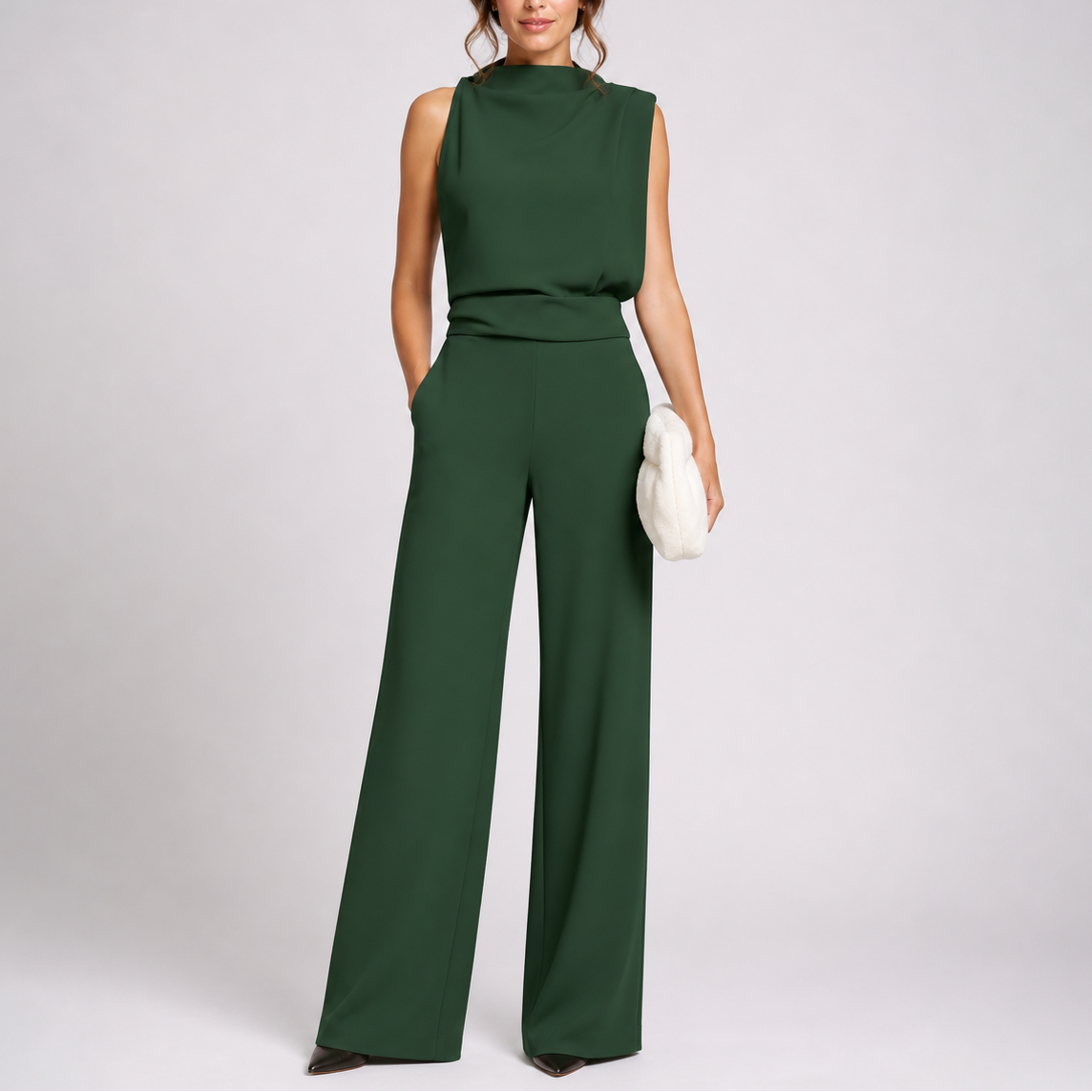 Juno Women’s Jumpsuit featuring a sleeveless high neck design and stylish wide-leg trousers, perfect for casual or formal occasions. 0