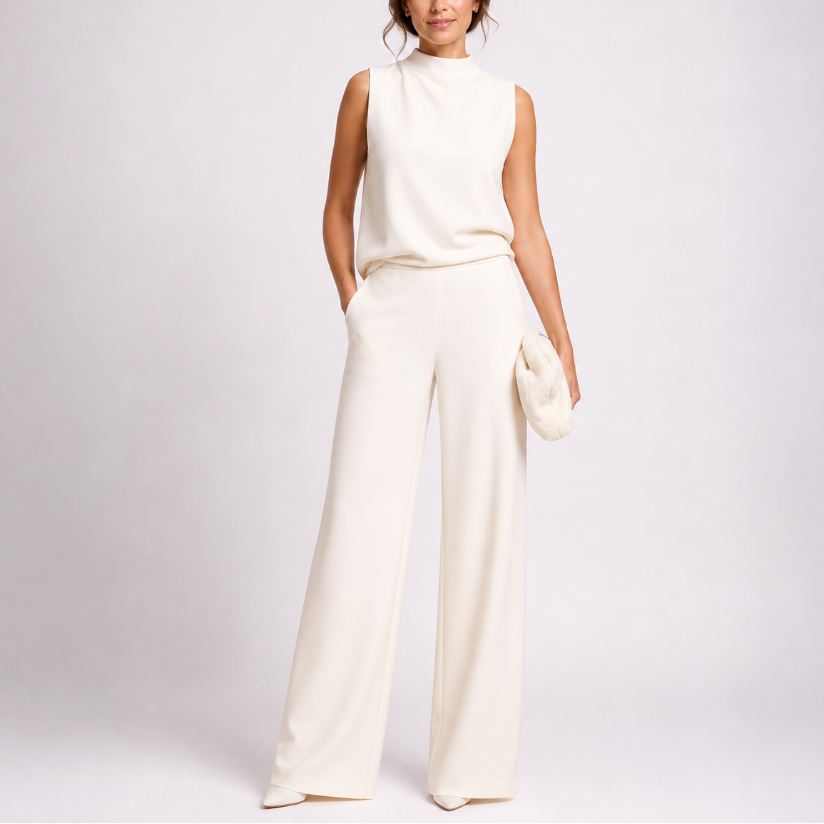 Juno Women’s Jumpsuit featuring a sleeveless high neck design and stylish wide-leg trousers, perfect for casual or formal occasions. 1