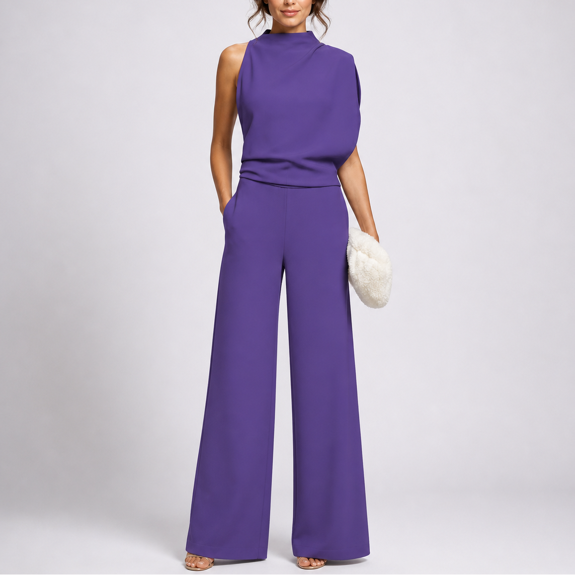 Juno Women’s Jumpsuit featuring a sleeveless high neck design and stylish wide-leg trousers, perfect for casual or formal occasions. 2