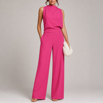 Juno Women’s Jumpsuit featuring a sleeveless high neck design and stylish wide-leg trousers, perfect for casual or formal occasions. 3