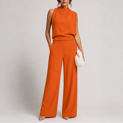 Juno Women’s Jumpsuit featuring a sleeveless high neck design and stylish wide-leg trousers, perfect for casual or formal occasions. 4