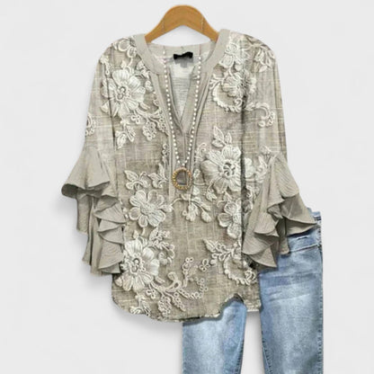 Kara Women’s Blouse featuring a lightweight and airy design, perfect for summer wear, showcasing a stylish and comfortable fit ideal for warm weather outings. 7