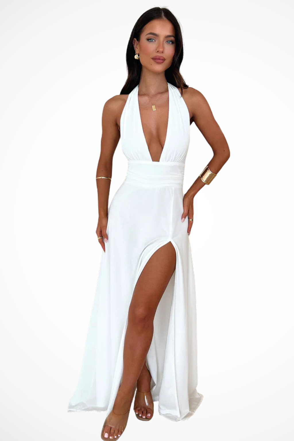 Kara Women’s Maxi Dress featuring a stylish deep V halter neckline and a high side slit, perfect for summer events and beach outings. 2
