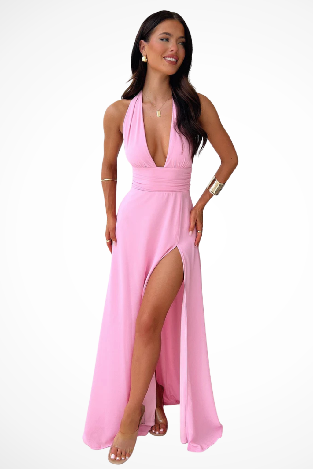 Kara Women’s Maxi Dress featuring a stylish deep V halter neckline and a high side slit, perfect for summer events and beach outings. 3