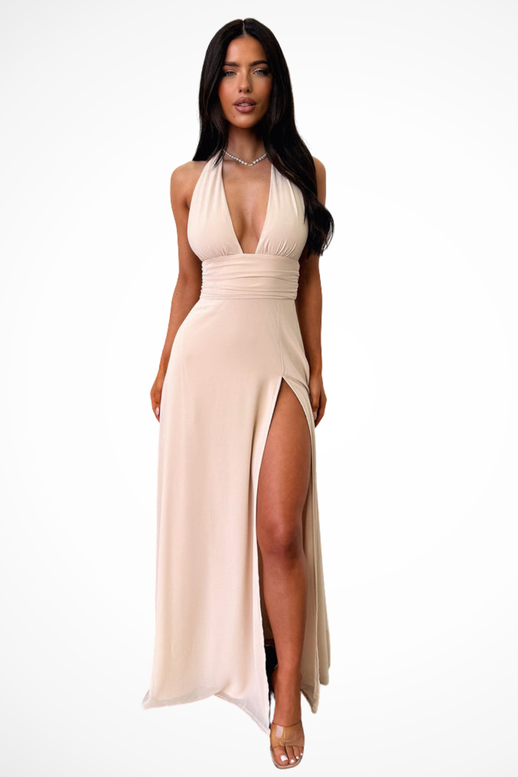 Kara Women’s Maxi Dress featuring a stylish deep V halter neckline and a high side slit, perfect for summer events and beach outings. 4