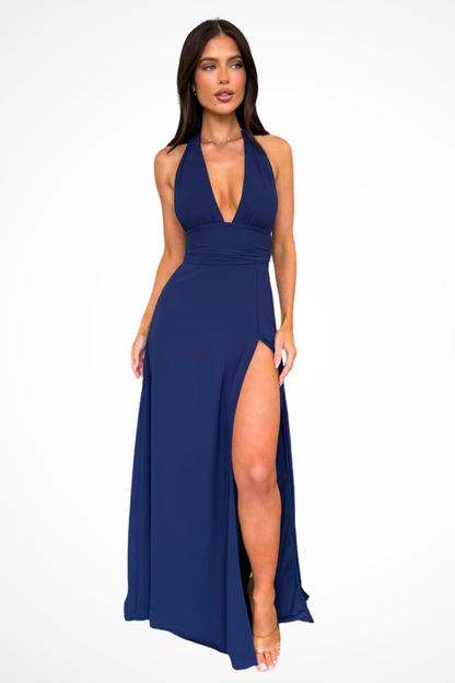 Kara Women’s Maxi Dress featuring a stylish deep V halter neckline and a high side slit, perfect for summer events and beach outings. 5