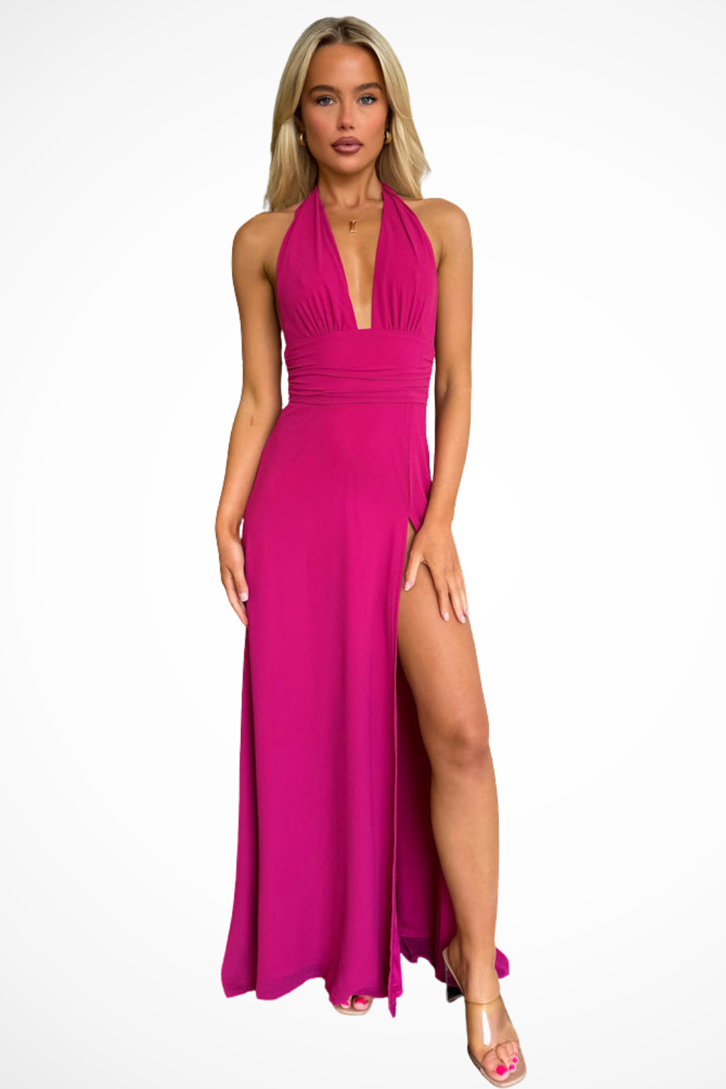Kara Women’s Maxi Dress featuring a stylish deep V halter neckline and a high side slit, perfect for summer events and beach outings. 6