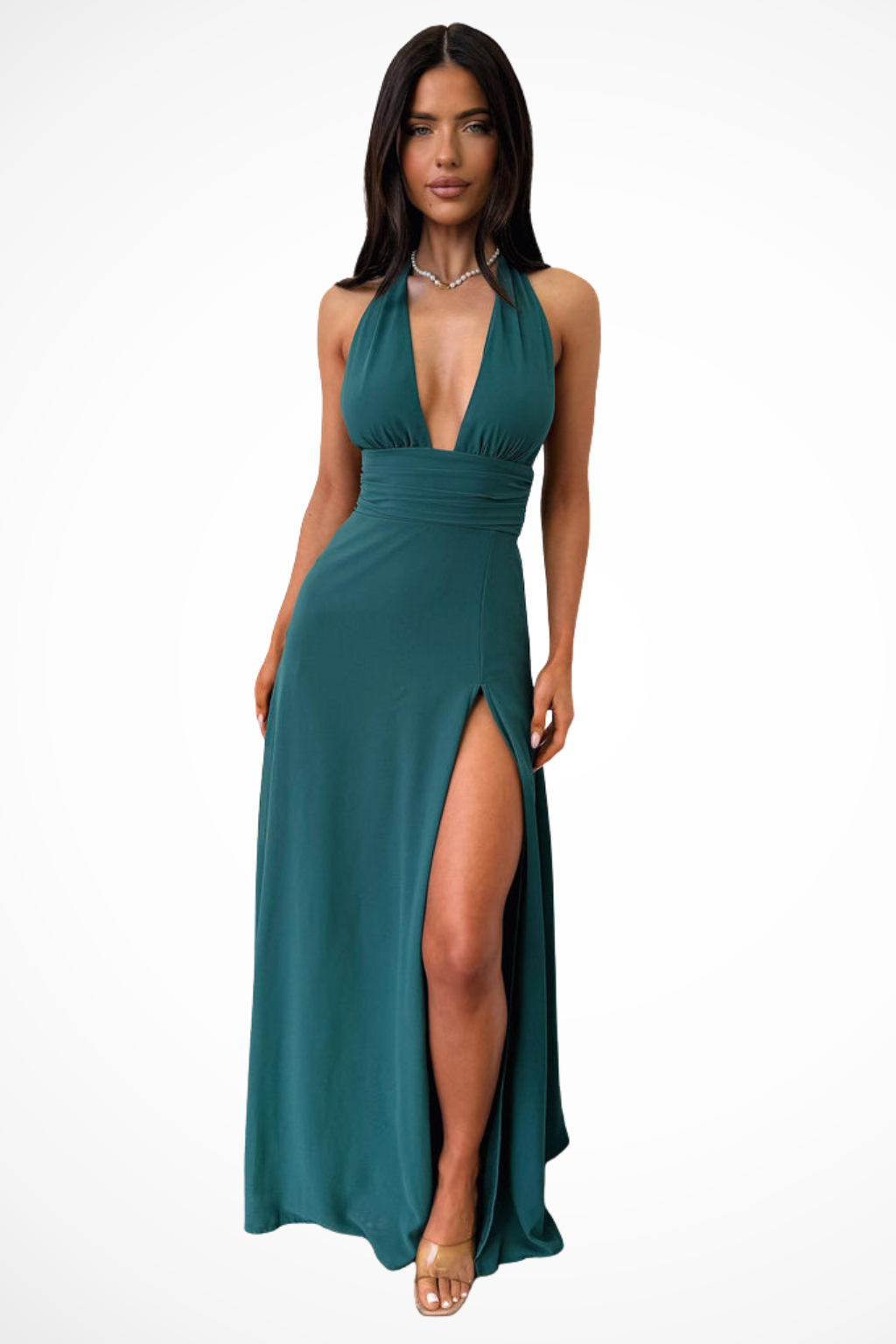 Kara Women’s Maxi Dress featuring a stylish deep V halter neckline and a high side slit, perfect for summer events and beach outings. 7