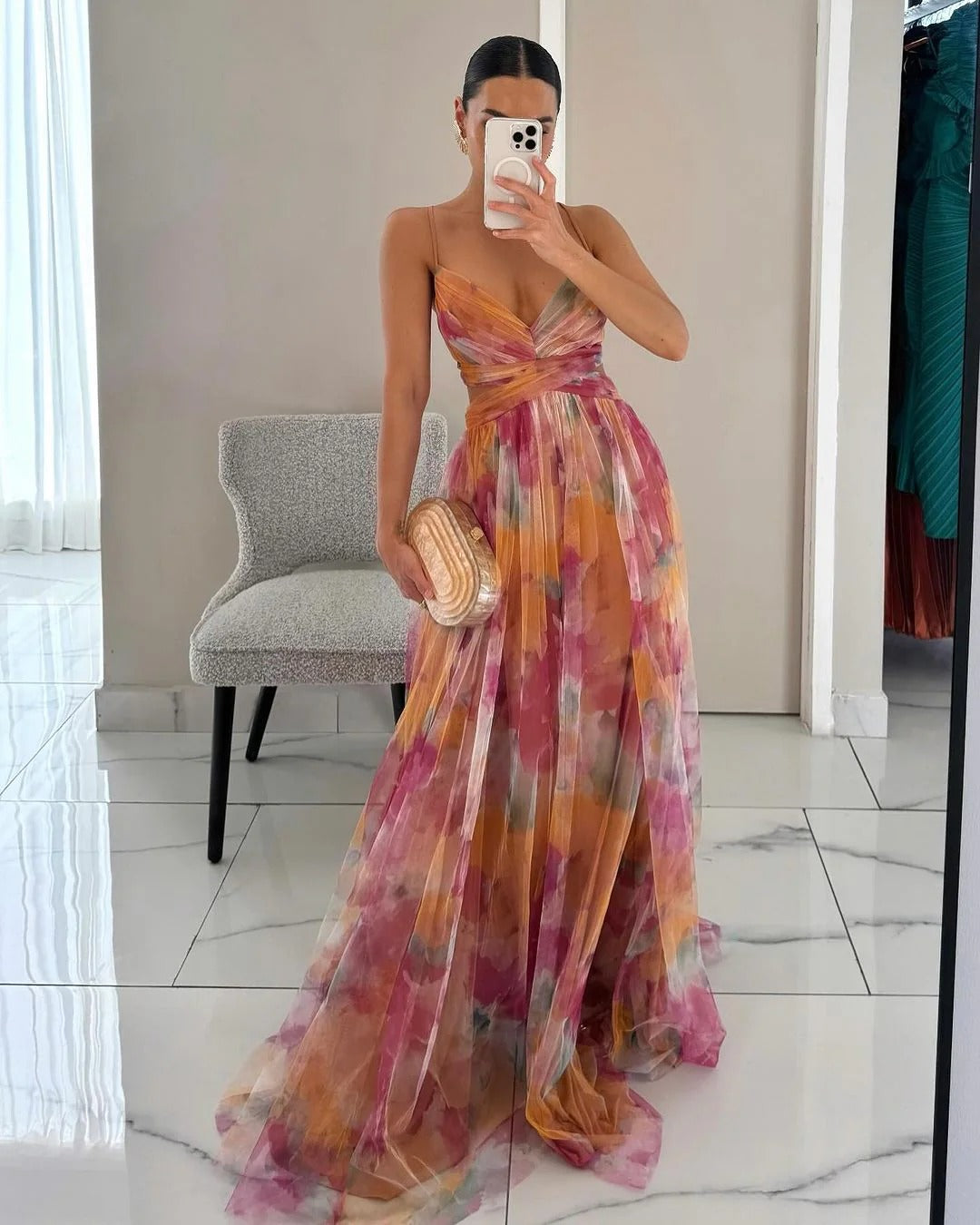 Kara Women’s Maxi Dress featuring a vibrant floral print and adjustable back closure, perfect for summer outings and special occasions. 0