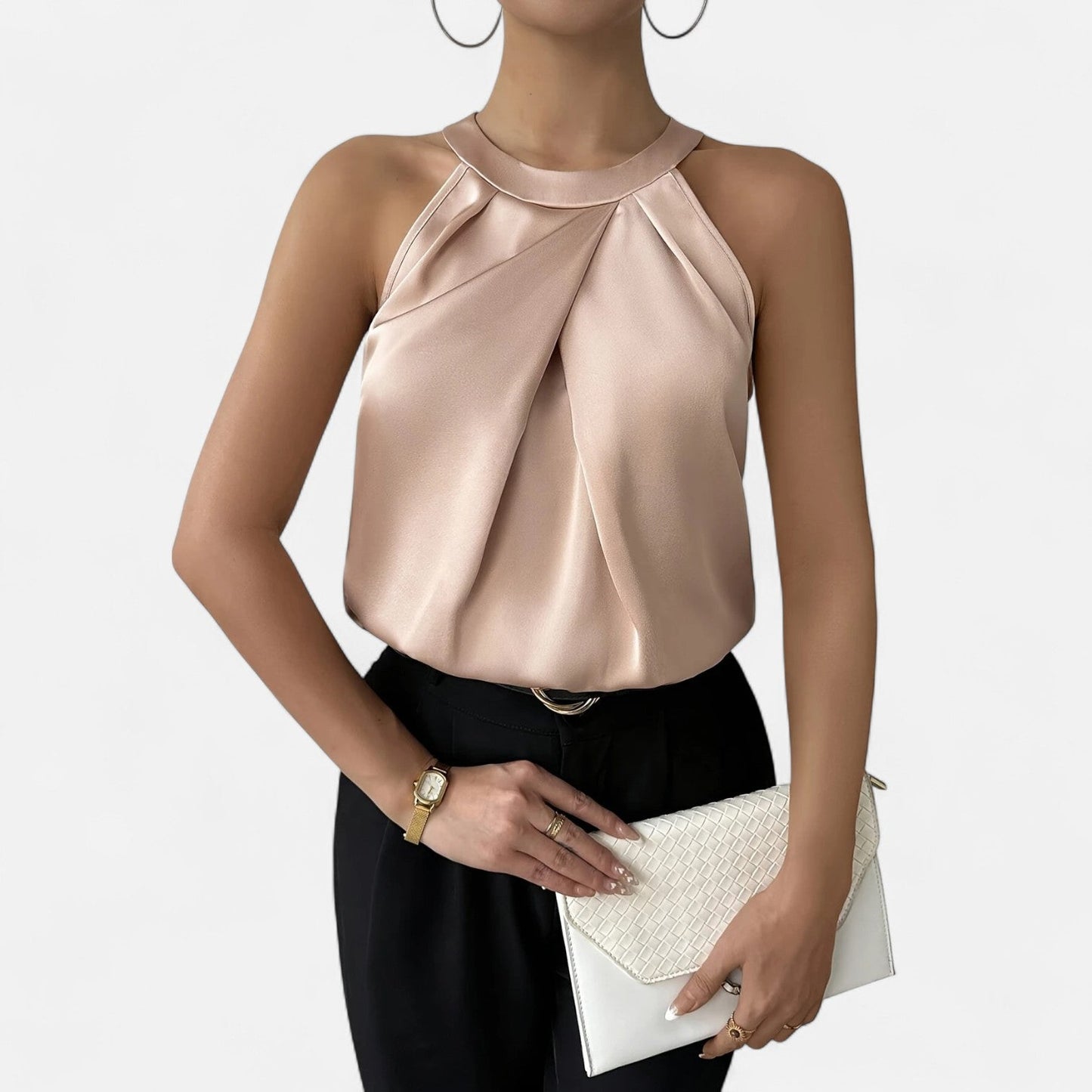 Kara Women’s Tank Top featuring a stylish pleated front and elegant draped design, perfect for casual outings or layering. 0