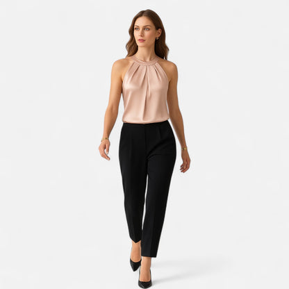 Kara Women’s Tank Top featuring a stylish pleated front and elegant draped design, perfect for casual outings or layering. 1