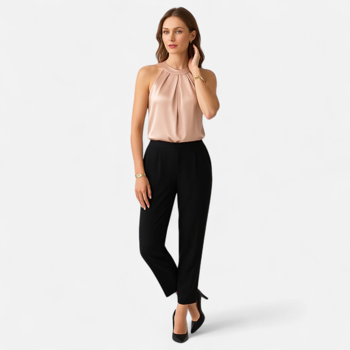 Kara Women’s Tank Top featuring a stylish pleated front and elegant draped design, perfect for casual outings or layering. 2