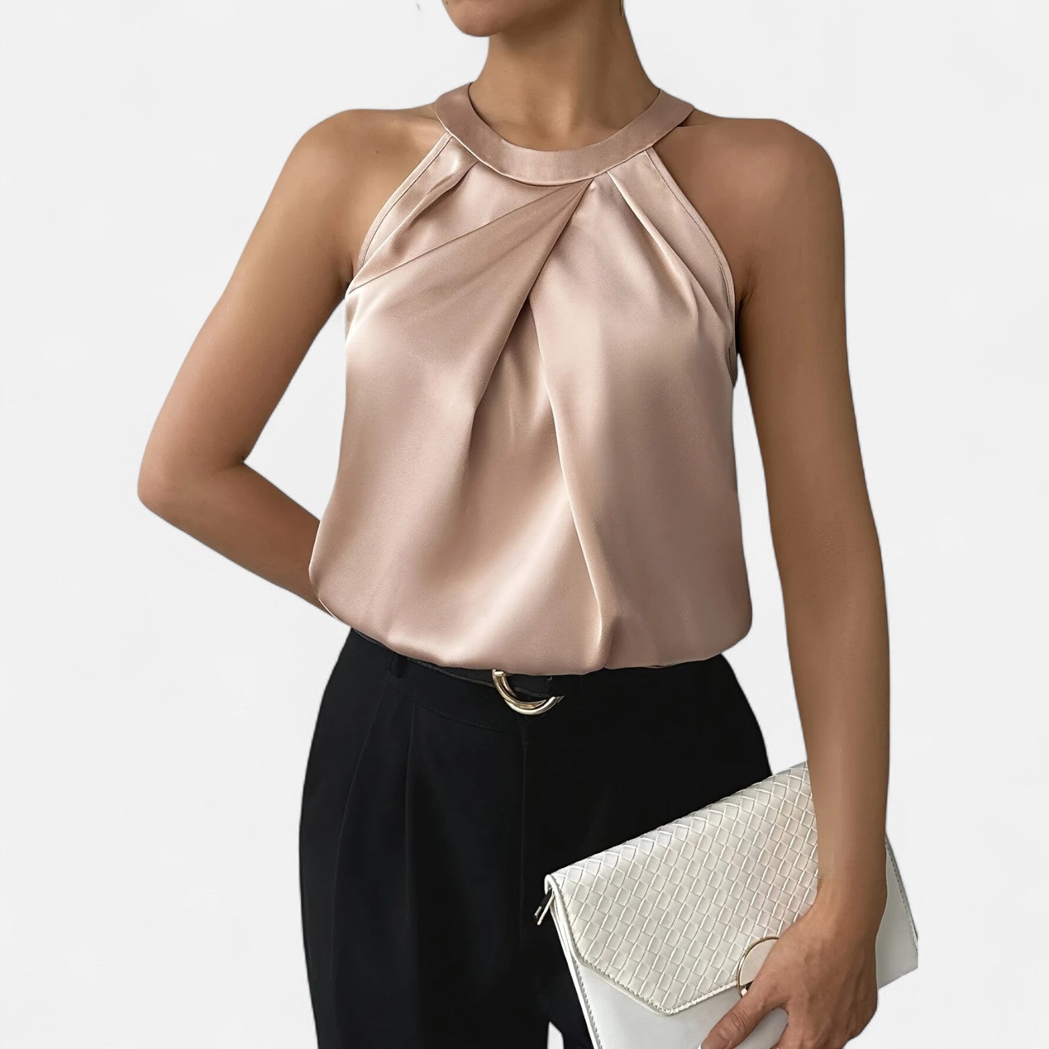 Kara Women’s Tank Top featuring a stylish pleated front and elegant draped design, perfect for casual outings or layering. 5